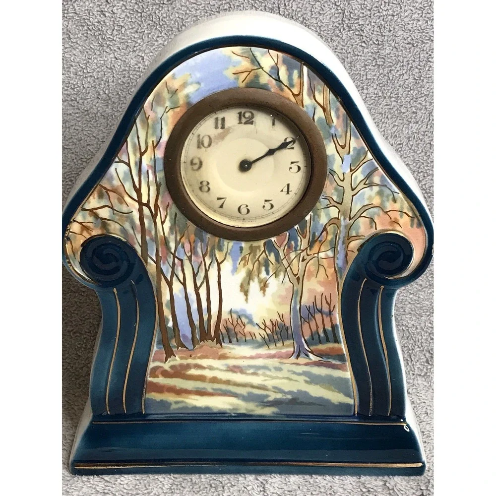Vintage Landscape Painted Pottery Mantle Clock Germany Decor Art Nouveau‎
